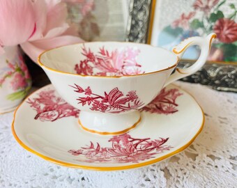 Coalport Butterfly Teacup and Saucer in Pink with Yellow Trim, Vintage English Tea Set, Cottage Core Home Decor