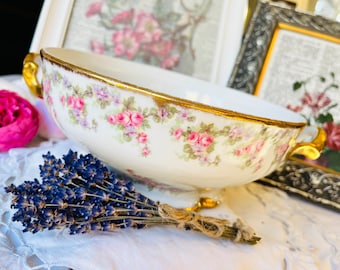 Bol ouvert Elite Limoges avec poignées, fleurs roses et violettes avec bordures dorées brossées, porcelaine antique française, idée cadeau de pendaison de crémaillère