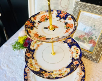 Cobalt Blue, Orange and Gold 3 Tier Cake Stand, Antique Mismatched Plates with Imari Patterns, Housewarming Gift