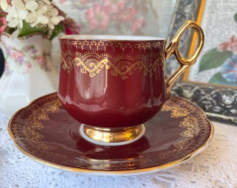 Vintage Rosina Burgundy Red & Gold Teacup and Saucer: Fine Bone China English Tea Set