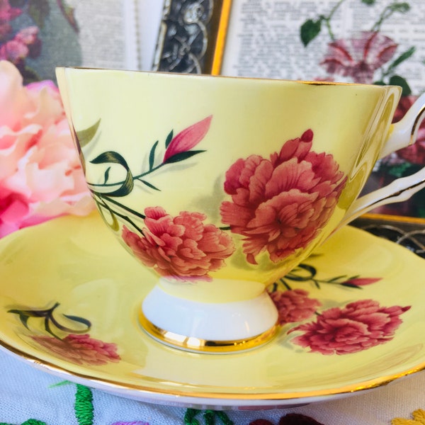 Queen Anne Pink Carnations Tea Cup and Saucer with Yellow Background, English Tea Set in Wide Fluted Shape