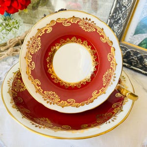 Aynsley Red and Gold Teacup and Saucer, Cabinet Collection, Christmas Home Decor and Housewarming Gift Idea