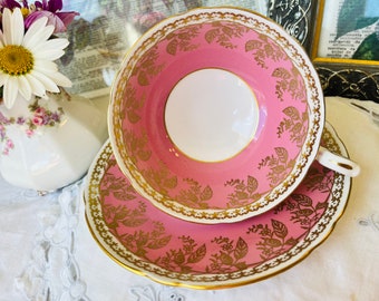 Pink and Gold Leaves Shelley Teacup and Saucer in Wide Mouth, Vintage English Tea Set, Pretty in Pink Birthday Gift Idea, Tea Drinker Gift