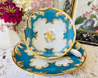 Vintage Royal Chelsea Tea Cup and Saucer: Aqua Blue & Gold English Tea Set