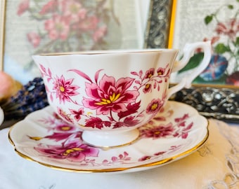Royal Albert Hot Pink Teacup and Saucer with Large Tree Peony Floral and Gold Trim, Vintage English Tea Set, Mother's Day Gift for Her Idea