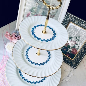 Minton Blue and Gold 3 Tier Cake Stand with Fluted Trim, Laurel Cheviot Pattern, Plates for Dessert, English Tea Party, Housewarming Gift