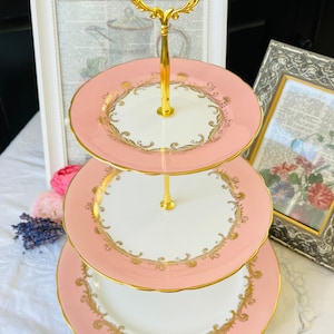 Pink and Gold Aynsley Tiered Cake Stand, Sheraton Pattern with Gold Scrolls, Tea Time Dessert Server