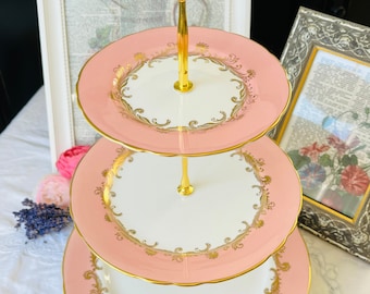 Pink and Gold Aynsley Tiered Cake Stand, Sheraton Pattern with Gold Scrolls, Vintage China, English Tea Party, Vintage Housewarming Gift