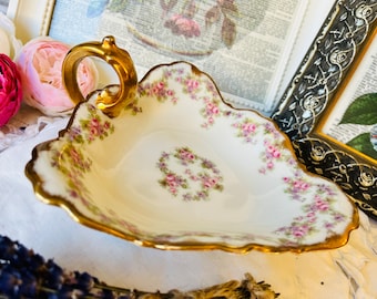 Elite L Limoges France Heart Shape Candy Dish with Looped Gold Handle, French Porcelain with Pretty Pink, Lavender and Green Rose Floral