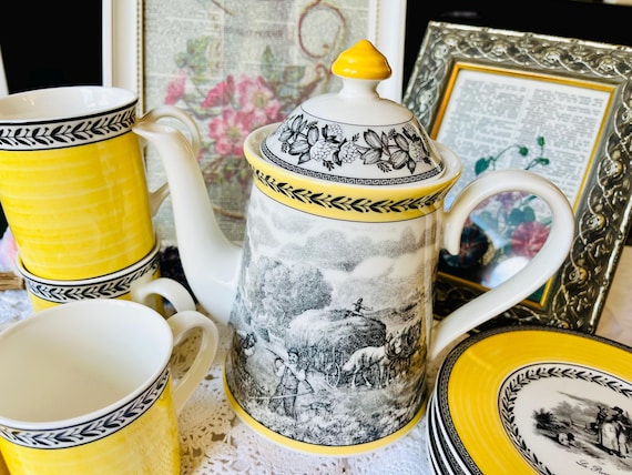 Villeroy & Boch Audun Ferme Coffee Pot, Yellow Mugs, Dessert Plate