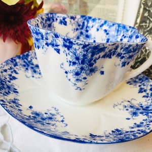 Shelley &quot;Dainty Blue&quot; Teacup and Saucer, Cobalt Blue Trim, Flowers and Daisies, Cabinet Collection English Tea Set, Cheerful Birthday Gift