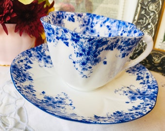 Shelley "Dainty Blue" Teacup and Saucer, Cobalt Blue Trim, Flowers and Daisies, Cabinet Collection English Tea Set, Cheerful Birthday Gift