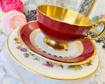 Red Gold Mix and Match Teacup, Saucer, Small Plate, Aynsley, Royal Albert, Stanley China, One of a Kind Gift, Christmas Tea Gift