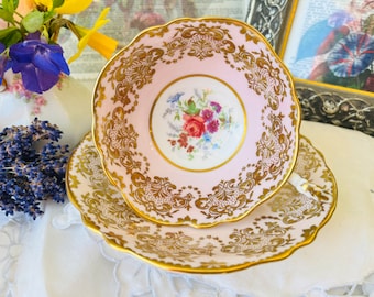 Paragon Tea Cup and Saucer Pink and Gold with Two Floral Patterns, Double Warranted Queen Mary, Heavy Gold, English Tea Set, Cabinet Cup