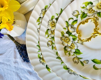 Vintage Tiered Cake Stand with Soup Plate Topper, White Yellow Green Floral, Aynsley Dogwood English Tea Party, Wedding Gift
