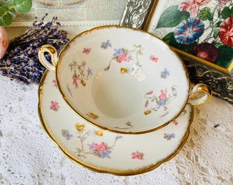 Royal Stafford Tea Set Violets Pompadour Soup Bowl and Saucer with Two Handles in Pink and Purple, Vintage English China