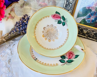 Pastel Green Teacup and Saucer, Royal Grafton Cabbage Rose Floral, Vintage English Tea Set, Birthday Gift Idea