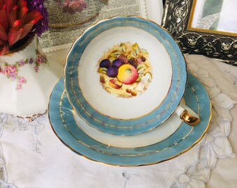 Aynsley Eggshell Blue Teacup and Saucer with Signed Jones Orchard Fruit, Collector Cabinet Cup, Vintage English Tea Set, Christmas Gift Dea