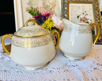 Limoges Sugar Bowl and Creamer, Pink Purple and Green Accents, Antique Porcelain, French Country Decor