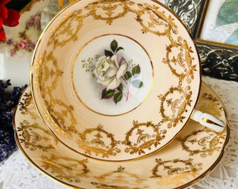 Paragon Peach and Gold Tea Cup and Saucer, Double Warranted Queen Mary, Heavy Gold Gilt, Vintage English Tea Set