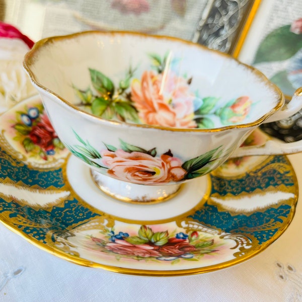 Paragon Peach Cabbage Rose Signed Teacup and Teal Gold Saucer, Mismatched English Tea Set, As Is Paragon, Replacement Saucer