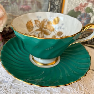 Aynsley Swirl Teacup and Saucer in Teal Green and Gold Foil Leaves, Vintage Gift For Her, Signed and Numbered
