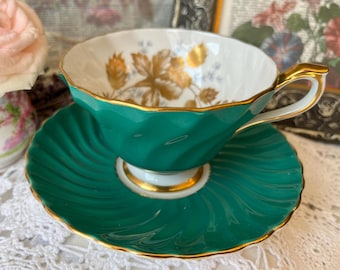 Aynsley Swirl Teacup and Saucer in Teal Green and Gold Foil Leaves, Vintage Gift For Her, Signed and Numbered