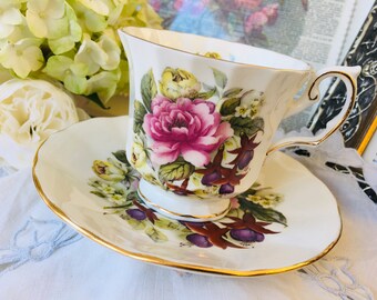 Elizabethan Flowers of the Season Large Pink Rose and Floral Teacup and Saucer, Gold Brushed, Valentine's Day or Mothers Day Gift