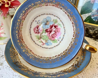 Elizabethan Blue and Gold Chintz Teacup and Saucer, Vintage Fine Bone China, Birthday, Christmas Gift