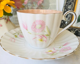 Vintage Susie Cooper Pink and Peach Interior Teacup and Saucer in Fluted Shape, Vintage Birthday or Bridal Southern Belle Gift