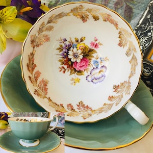 Aynsley Sage Green and Gold Laurel Teacup and Saucer in Oban Shape, Pink, Blue and Purple Floral, Vintage English Tea Set