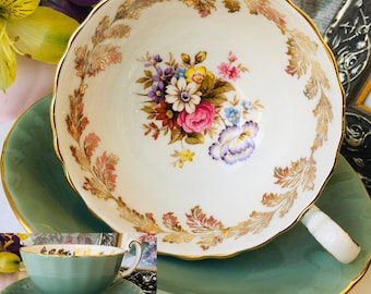 Aynsley Sage Green and Gold Laurel Teacup and Saucer in Oban Shape, Pink, Blue and Purple Floral, Vintage English Tea Set, Mother's Day Gift
