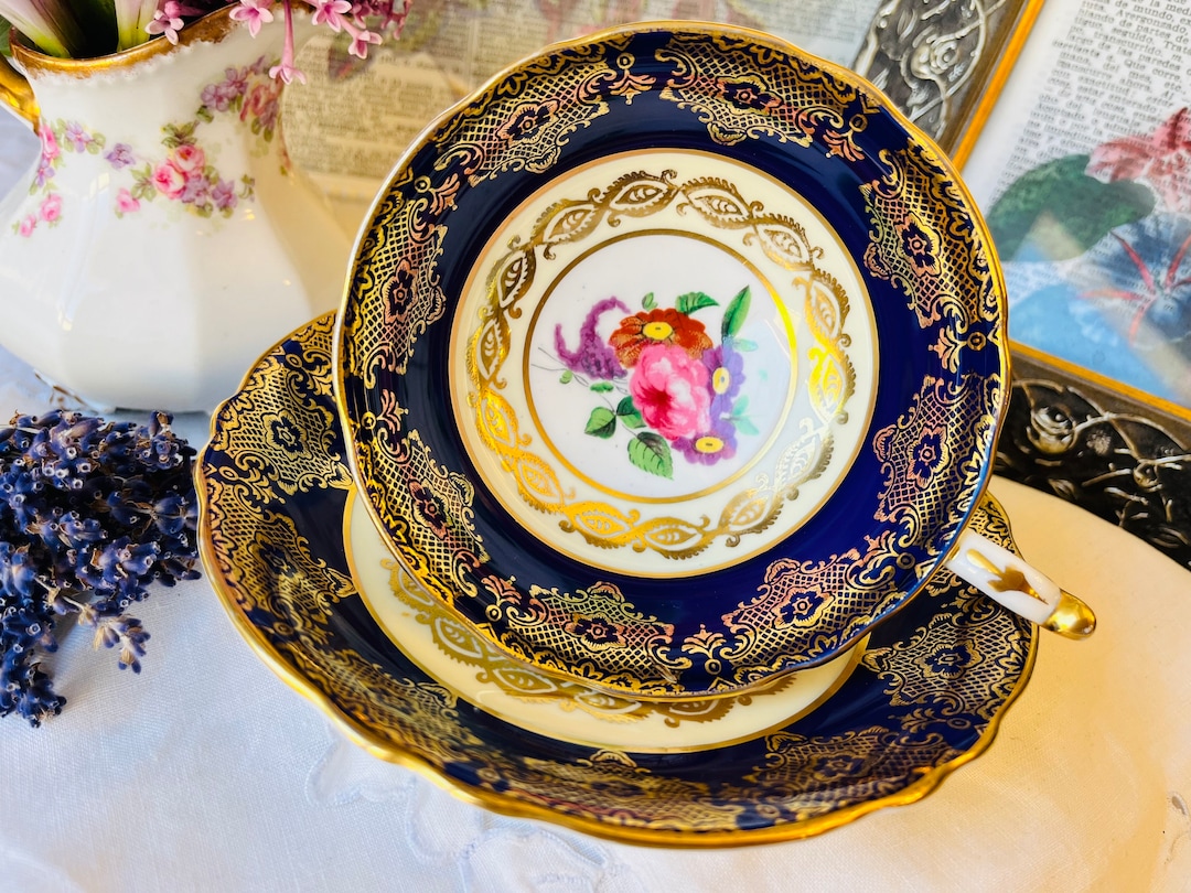 Paragon Cobalt Blue and Gold Teacup and Saucer With Pink Roses and ...