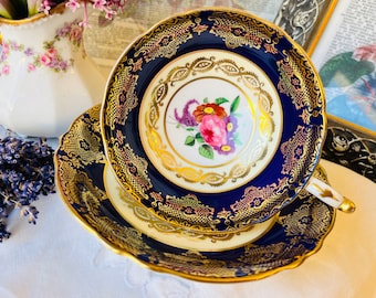Paragon Teacup and Saucer Cobalt Blue and Gold with Pink Roses and Floral and Floral Centers, Different Backstamps, Vintage English Tea Set