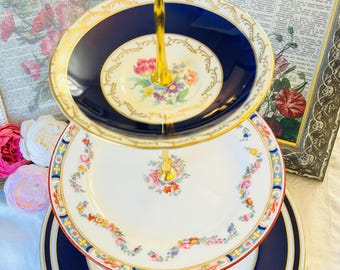 Cobalt Blue and Floral Mismatched 3 Tier Cake Stand, Crescent and Sons, Minton Birks Ryrie and Aynsley Saucer, Vintage Housewarming Gift