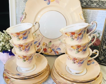 Tea Cups and Saucers with Dessert Plates and Matching Cake Plate, Paragon Art Deco English Tea Sets for Instant Tea Party