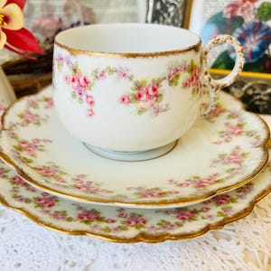 French Limoges Mismatched Tea Set, Pink Roses Teacup, Saucer and Plate, Elite Limoges French Country Decor