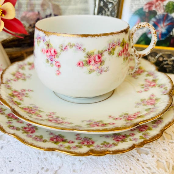 French Limoges Tea Set: Pink Roses Teacup, Saucer & Plate - Etsy
