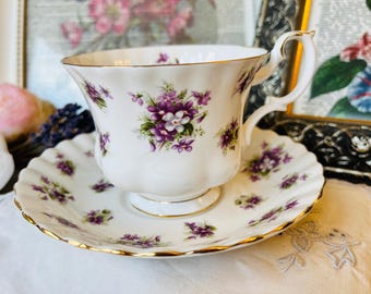 Royal Albert Purple Sweet Violets Teacup and Saucer, Vintage English Tea Set, 1960s, 1970s,  Birthday Gift for Her