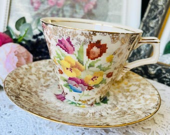 Gold Chintz H&K Tunstall Old English Sampler Teacup and Saucer, Vintage English Tea Set, Home Decor or Gift Idea