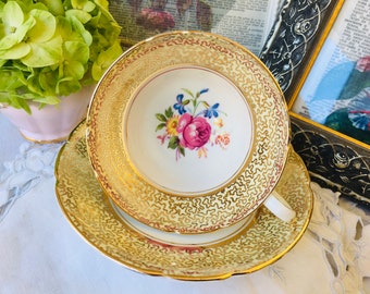 Stanley Wide Mouth Pink Floral and Gold Chintz Teacup and Saucer, Cabinet Cup, Spring Bouquet, Mother's Day Gift, Tea Drinker Gift