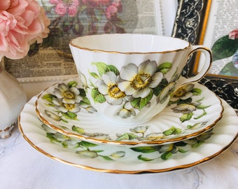 Aynsley Dogwood Teacup, Saucer, and Larger Saucer/Plate, Green, Yellow and White Floral in a Vintage English Swirl Tea Set