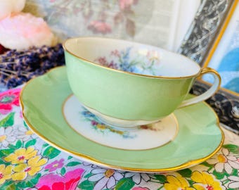 France Limoges Green Floral Teacup and Saucer, Theodore Haviland,  Antique Porcelain, French Country Decor Gift for Her