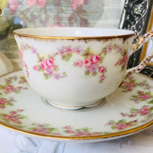 Limoges Elite Teacup and Saucer in Pink Bridal Rose, Scalloped Base, Antique Porcelain from France