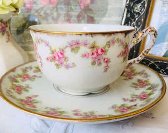 France Limoges Elite Teacup and Saucer in Pink Bridal Rose, Scalloped Base, Antique Porcelain, French Country Decor, Spring Tea Time Gift
