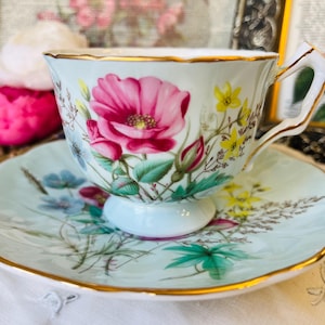 Aynsley Light Blue Crocus Teacup and Saucer with Pink Wild Rose, Vintage English Tea Set