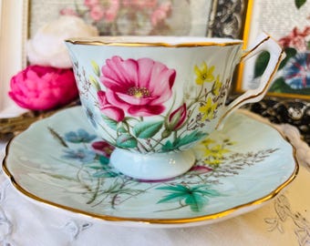 Aynsley Light Blue Crocus Teacup and Saucer with Pink Wild Rose, Vintage English Tea Set, Cabinet Collector Cup