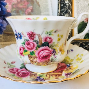 Royal Albert Teacup and Saucer with Berries and Basket of Pink Roses, Vintage English Tea Gift for Her, Tea Drinker Gift