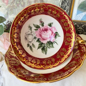 EB Foley Red and Gold Chintz Teacup and Saucer with Large Pink and White Roses, Vintage English Tea Set