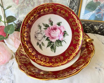 EB Foley Red and Gold Chintz Teacup and Saucer with Large Pink and White Roses, Vintage English Tea Set